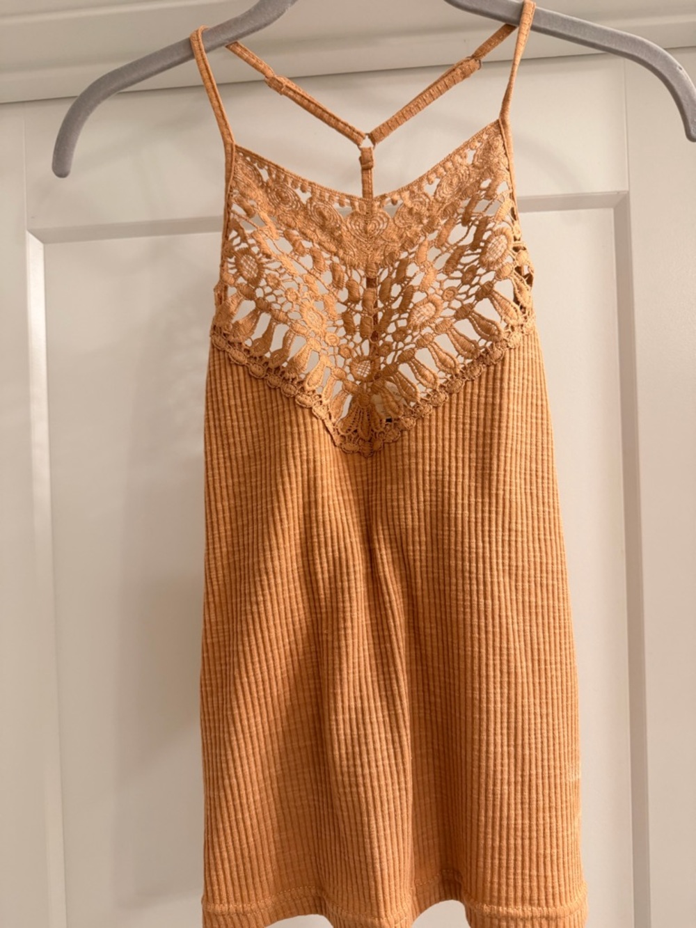 Hem & Thread Crochet Yoke Ribbed Tank in Camel